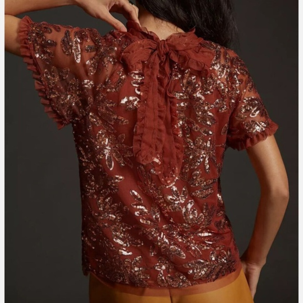 Anthropologie Sequin Embellished Top in Rust Flare Sleeve Size XS - Picture 2 of 11